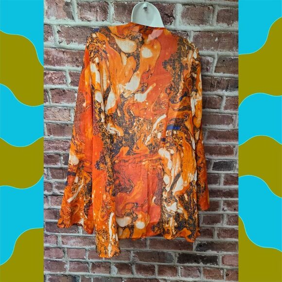 Lane Bryant Tunic 14/16 | Marble Print Beaded V Neck Flare Hem Sheer Boho Glam - Picture 2 of 7